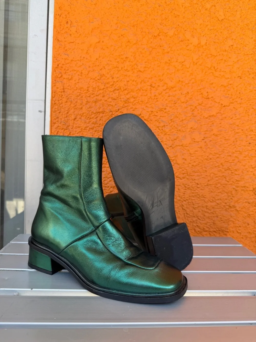 L-Intervalle Metallic Emerald‎ Green Stitched Ankle Boots Low Block Heel Zipper